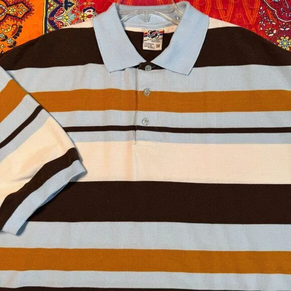 Old Skool Urban Wear Striped Polo Shirt Men’s 3X Blue Brown White Short Sleeve - Picture 3 of 9